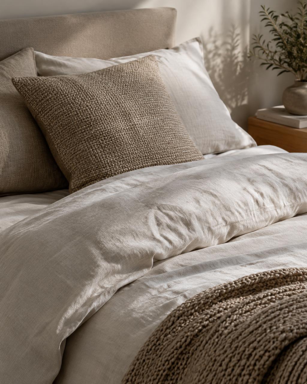 Detail of layered ivory linen bedding with textured cushions and chunky knit blanket