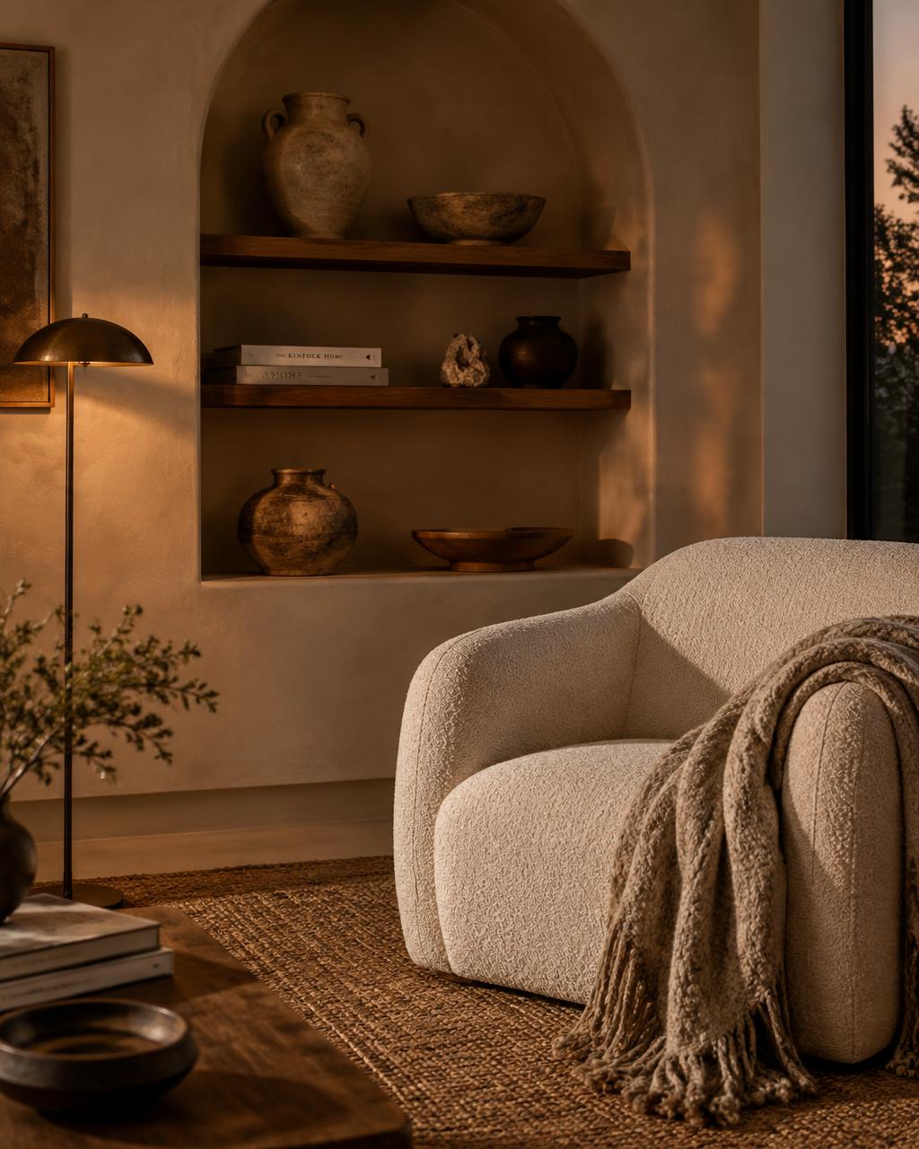 Ivory bouclé armchair with a chunky wool throw beside an arched niche of handmade pottery in warm evening light