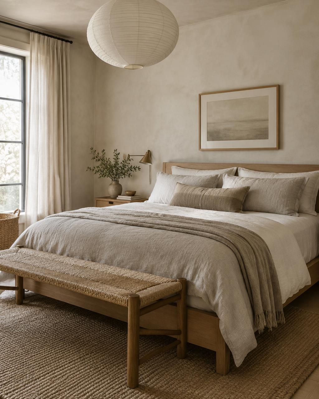Calm neutral bedroom with layered oat linen bedding, upholstered headboard and oak nightstand with ceramic lamp