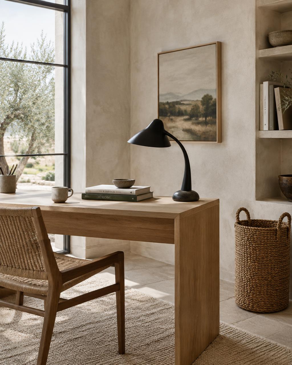 Calm home office with solid oak desk beside a large window, linen slipcovered chair and paper lantern floor lamp